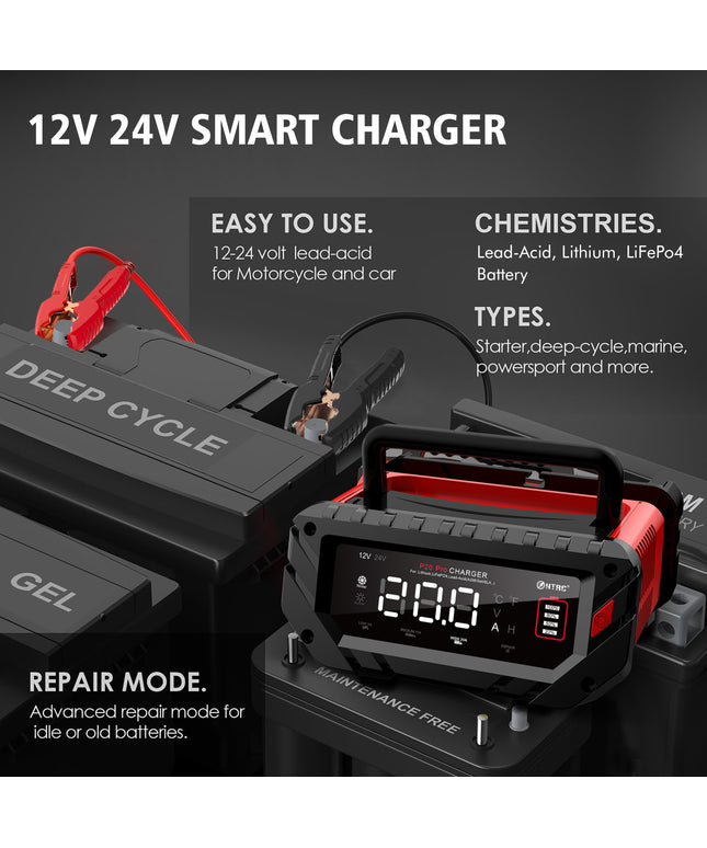 20-Amp Car Battery Charger, 12V/24V Smart Automatic Automotive Charger, Battery Maintainer, Trickle Charger for Car, Motorcycle, Boat, Lead-Acid, Lithium, LiFePo4 Battery
