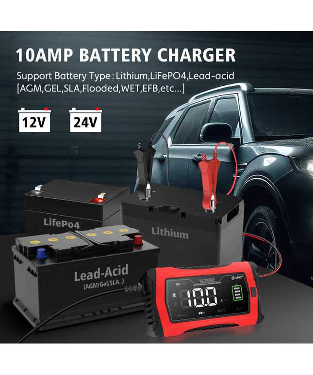 10-Amp Car Battery Charger, 12V and 24V Automotive Charger, Battery Maintainer, Trickle Charger for Car, Motorcycle, Marine, Boat, Lead-Acid, Lithium, LiFePo4 Battery