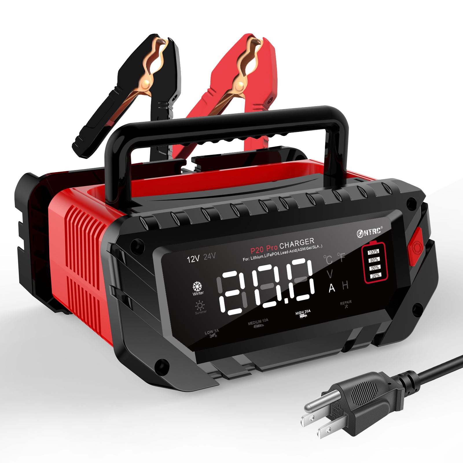 20-Amp Car Battery Charger, 12V/24V Smart Automatic Automotive Charger –  HTRC