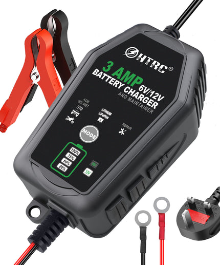 3 AMP Battery Charger - 6V/12V Smart Automotive Battery Charger, Fully Automatic and Maintainer Trickle Charger for Car, Motorcycle, Boat, Lead-Acid, Lithium, LiFePo4 Battery