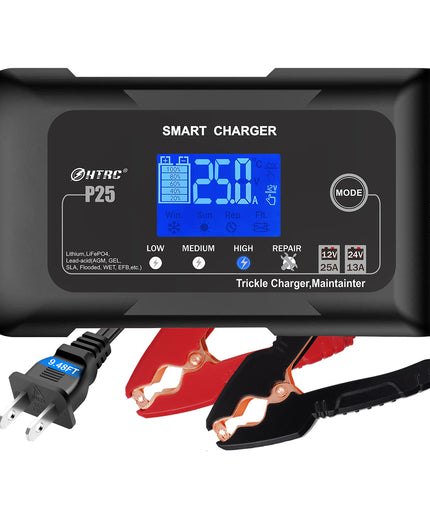 HTRC 25 Amp Lithium Battery Charger, 12V and 24V Lifepo4,Lead-Acid(AGM/Gel/SLA..) Battery Charger ,Battery Maintainer, Trickle Charger, and Battery Desulfator for Car ,Boat,Motorcycle, Lawn Mower