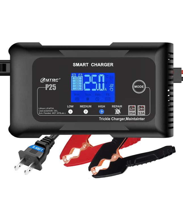 HTRC 25 Amp Lithium Battery Charger, 12V and 24V Lifepo4,Lead-Acid(AGM/Gel/SLA..) Battery Charger ,Battery Maintainer, Trickle Charger, and Battery Desulfator for Car ,Boat,Motorcycle, Lawn Mower
