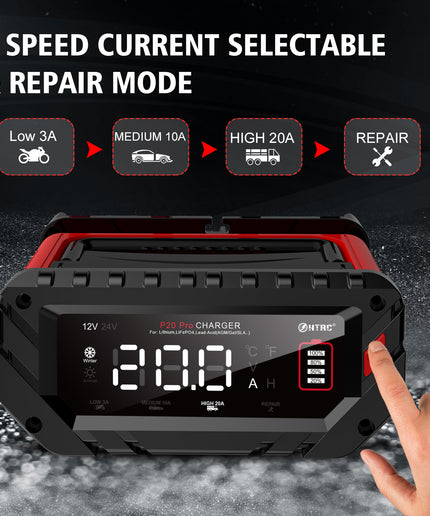 20-Amp Car Battery Charger, 12V/24V Smart Automatic Automotive Charger, Battery Maintainer, Trickle Charger for Car, Motorcycle, Boat, Lead-Acid, Lithium, LiFePo4 Battery