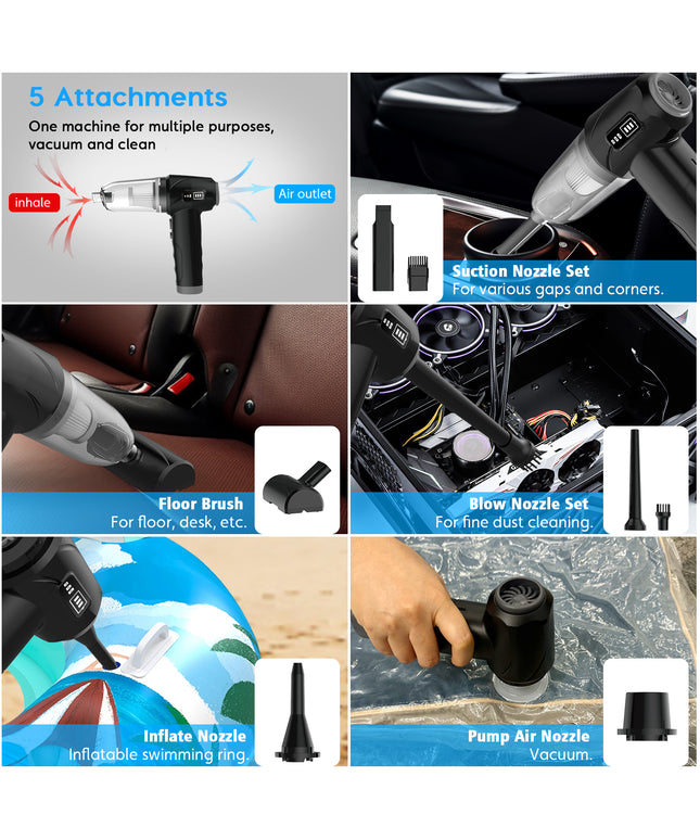Car Vacuum Cleaner Cordless, 3 Gears Handheld Vacuum&Air Duster, 15000PA Suction High Power Wet/Dry Use Vacuum Cleaner with Multi-nozzles and Floor Brush for Vehicle/Home/Office