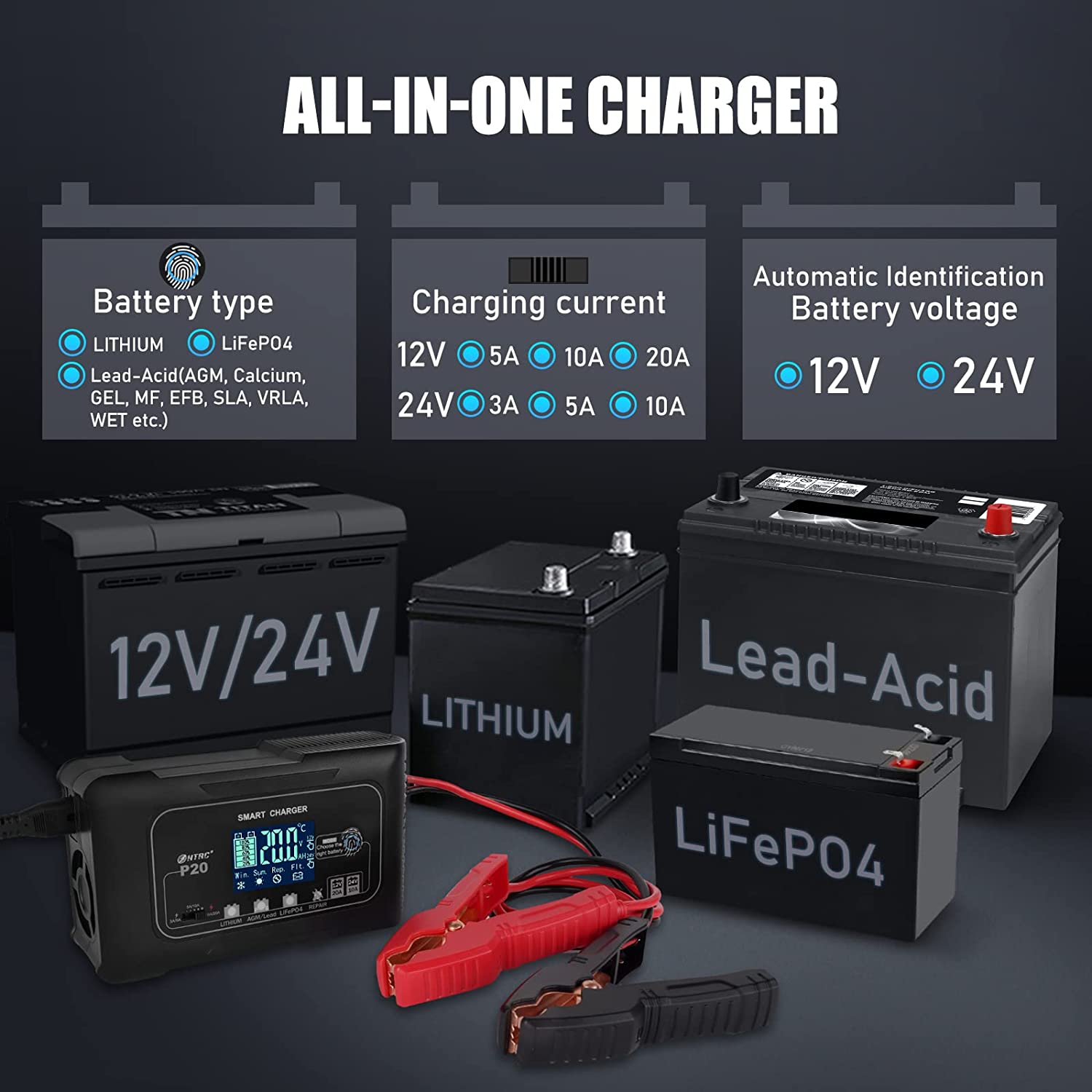P20 20A Smart Battery Charger,Lithium,LiFePO4,Lead-Acid,Portable Car Battery  Cha