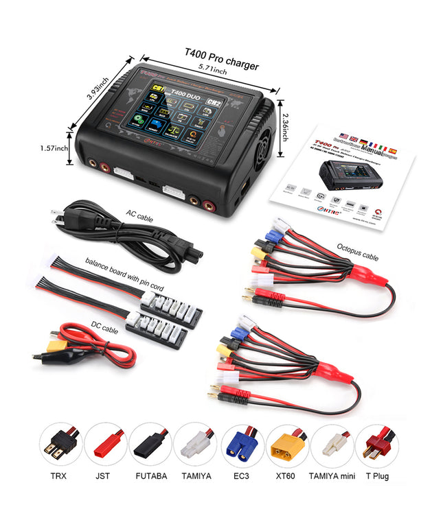 HTRC Lipo Charger 1-6S Touch Screen Dual Discharger AC200W DC400W 12A T400 Pro High Precision Fast Balance Battery Charger for RC Li-ion Life NiCd NiMH LiHV PB Smart Battery