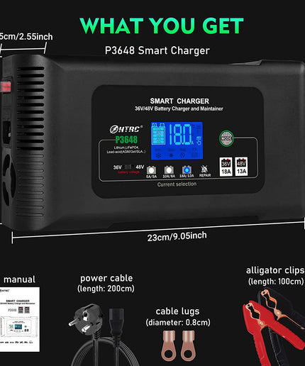 P3648 Car Battery Charger 36 V 18 A / 48 V 13 A, Intelligent Fast Battery Charger Car Trickle Charger Desulfator for Lithium LiFePO4 Lead Acid AGM Car Motorcycle Golf Cart