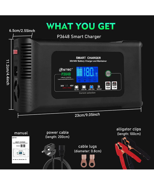P3648 Car Battery Charger 36 V 18 A / 48 V 13 A, Intelligent Fast Battery Charger Car Trickle Charger Desulfator for Lithium LiFePO4 Lead Acid AGM Car Motorcycle Golf Cart