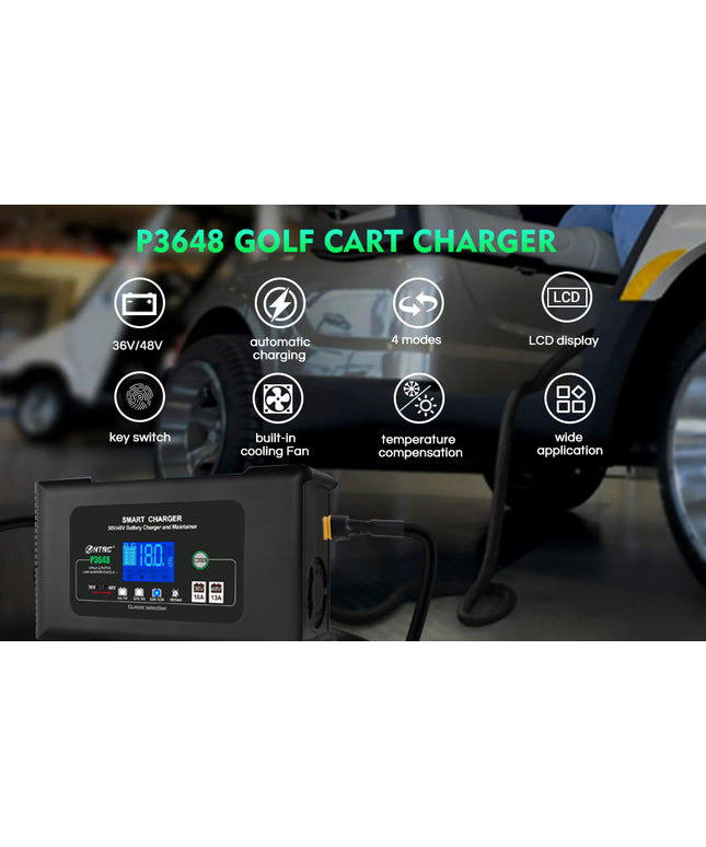 HTRC Golf Cart Battery Charger, 36 Volt 18 AMP/48 Volt 13 Amp Car Charger for Club Car Golf Carts with 3 Pin Round Plug, Lithium, LiFePO4, Lead-Acid AGM/Gel/SLA Smart Charger