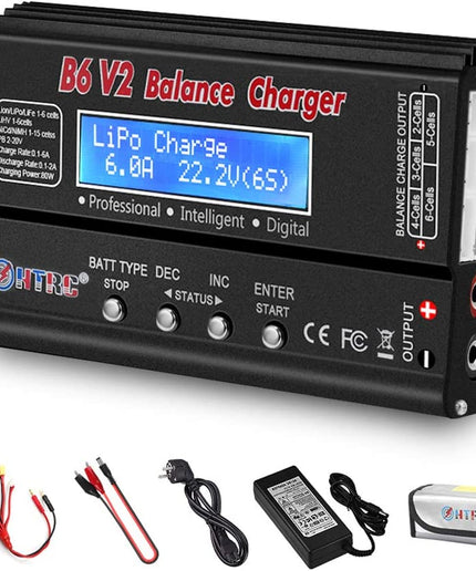 HTRC LiPo Charger RC Balance Fast Charger Discharger 1S-6S AC/DC B6V2 Digital Battery Pack Charger for NiCd Li-ion Life NiMH LiHV PB Smart Batteries (Black)