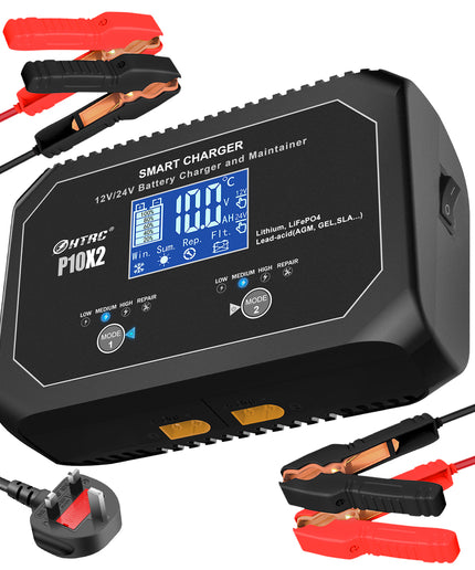 2-Bank Automatic Smart Charger, 12V/10A 24V/5A Dual Automotive Car Battery Charger with LED Display, Battery Maintainer, Float Charger, Trickle Charger for Lead-Acid, Lithium, LiFePo4 Battery