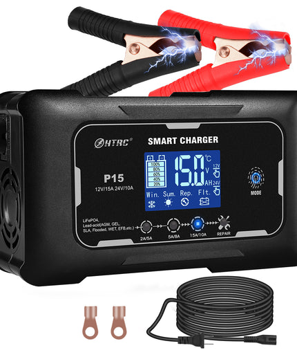 HTRC Lifepo4 charger 15-Amp Fully-Automatic Smart Charger,12V and 24V Battery Charger,12V/15A 24V/10A Lead-Acid(AGM/Gel/SLA)/Lithium lron LiFePO4 Trickle Charger,Pulse Repair Car Battery Charger,Deep cycle