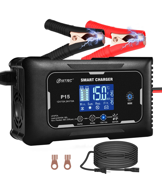 HTRC Lifepo4 charger 15-Amp Fully-Automatic Smart Charger,12V and 24V Battery Charger,12V/15A 24V/10A Lead-Acid(AGM/Gel/SLA)/Lithium lron LiFePO4 Trickle Charger,Pulse Repair Car Battery Charger,Deep cycle