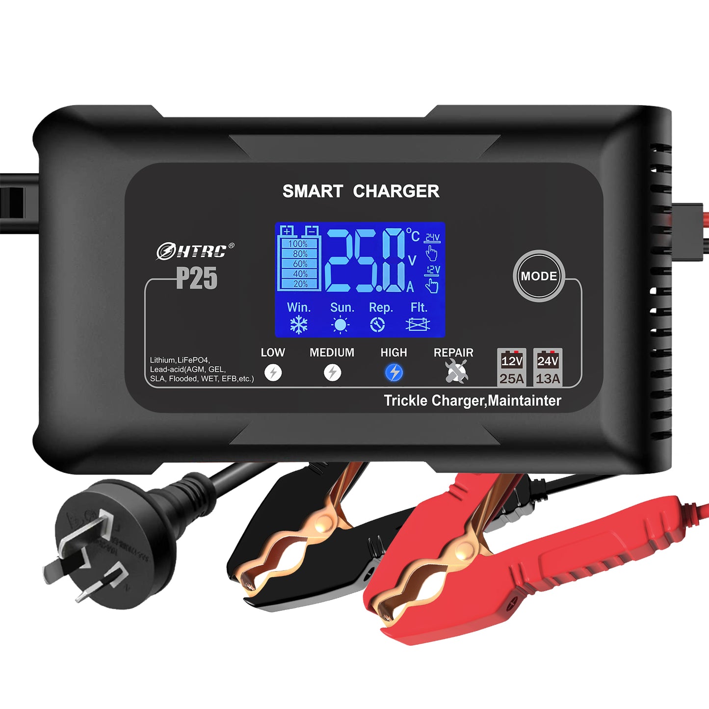 HTRC 25 Amp Lithium Battery Charger, 12V and 24V Lifepo4,Lead-Acid(AGM