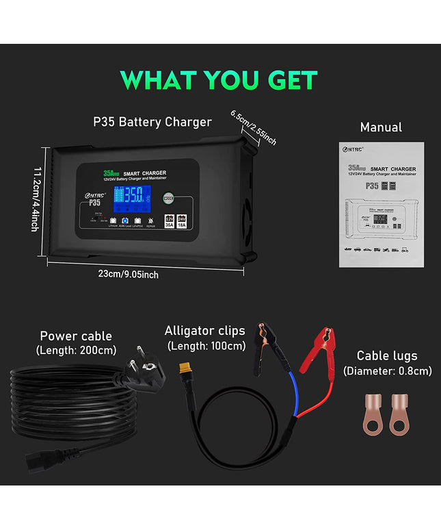 HTRC 35-Amp Smart Charger, Car Battery Charger,Trickle Charger, 12V35A/24V18A,14.6V/29.2V ,Lithium,LiFePO4,Lead-Acid AGM/Gel/SLA..Battery Charger, PortableMaintainer/deep Cycle Charger and Desulfator