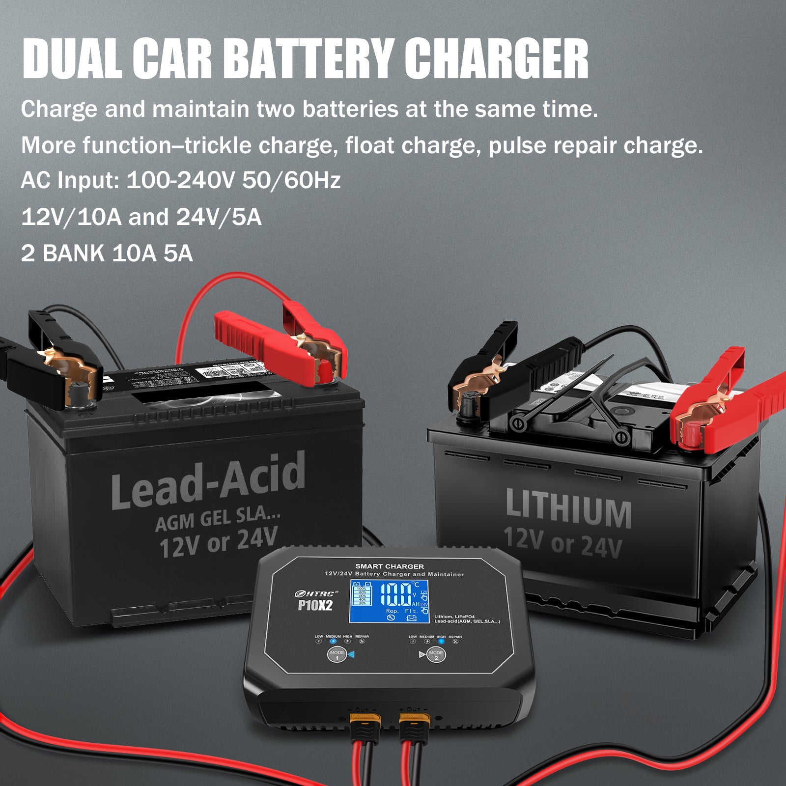 2-Bank Automatic Smart Charger, 12V/10A 24V/5A Dual Automotive Car Bat –  HTRC