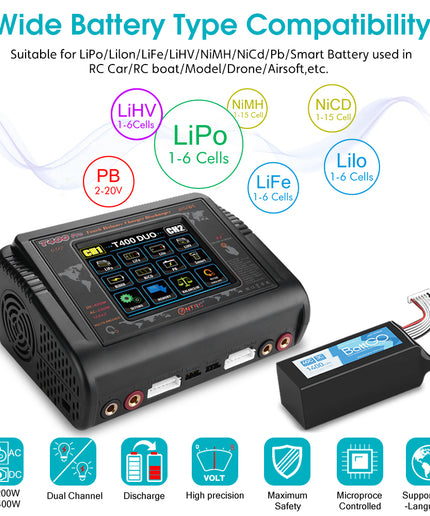 HTRC Lipo Charger 1-6S Touch Screen Dual Discharger AC200W DC400W 12A T400 Pro High Precision Fast Balance Battery Charger for RC Li-ion Life NiCd NiMH LiHV PB Smart Battery