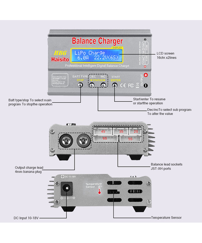 LiPo Battery Charger Discharger with Balance, 80W 6A RC Battery Charger for 1S-6S LiPo/Li-Fe/Li-ion 1S-15S NiMH/NiCD Batteries